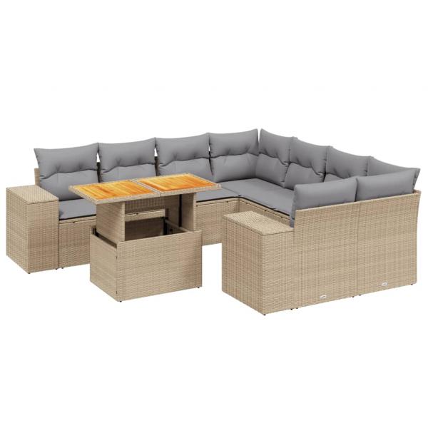 9-tlg. Garten-Sofagarnitur mit Kissen Beige Poly Rattan