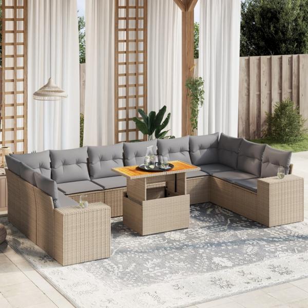 ARDEBO.de - 11-tlg. Garten-Sofagarnitur mit Kissen Beige Poly Rattan