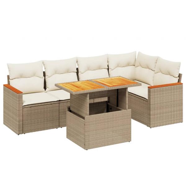 6-tlg. Garten-Sofagarnitur mit Kissen Beige Poly Rattan