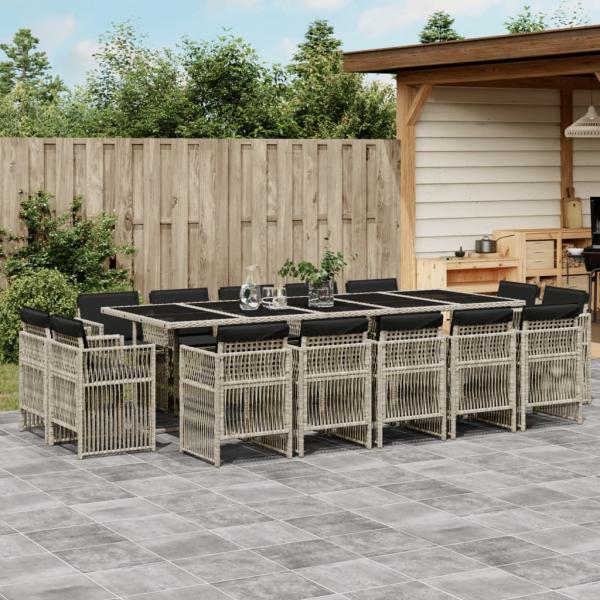 ARDEBO.de - 15-tlg. Garten-Essgruppe mit Kissen Hellgrau Poly Rattan