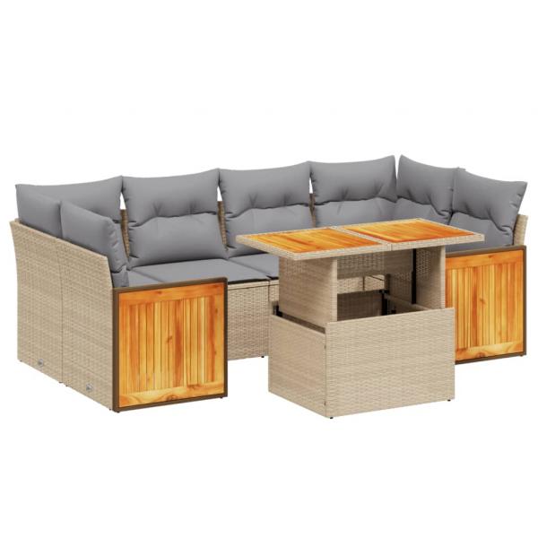 7-tlg. Garten-Sofagarnitur mit Kissen Beige Poly Rattan