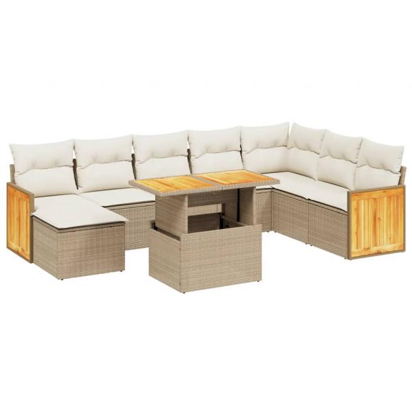 9-tlg. Garten-Sofagarnitur mit Kissen Beige Poly Rattan