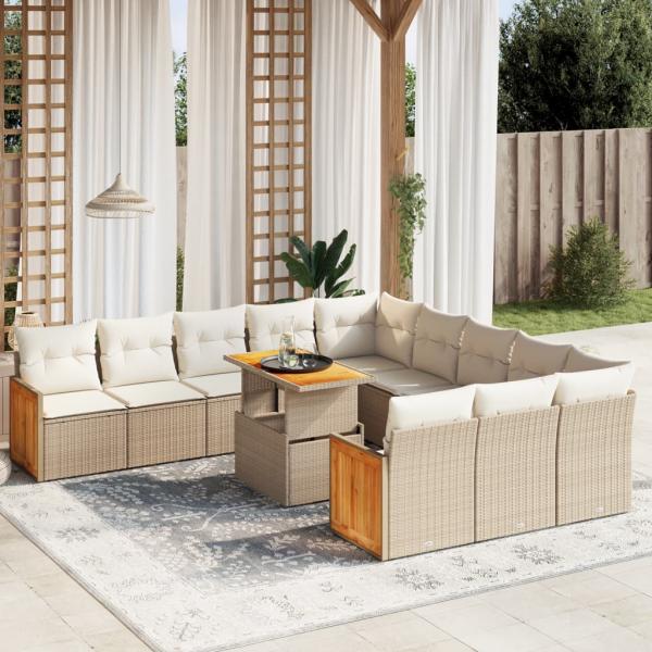 ARDEBO.de - 11-tlg. Garten-Sofagarnitur mit Kissen Beige Poly Rattan