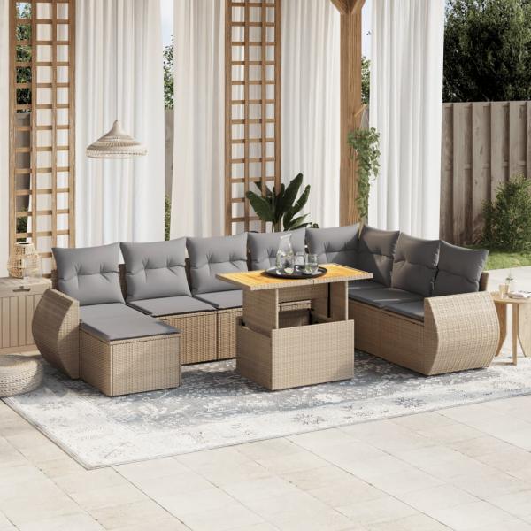 ARDEBO.de - 9-tlg. Garten-Sofagarnitur mit Kissen Beige Poly Rattan