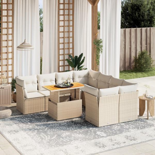 ARDEBO.de - 9-tlg. Garten-Sofagarnitur mit Kissen Beige Poly Rattan