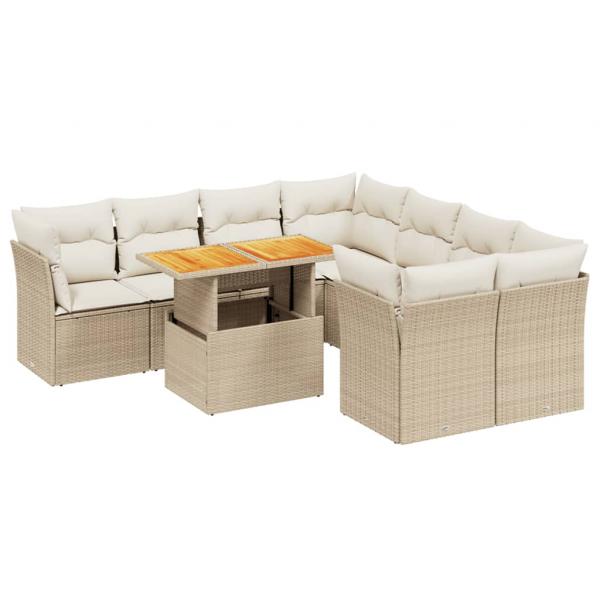 9-tlg. Garten-Sofagarnitur mit Kissen Beige Poly Rattan