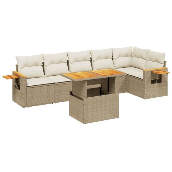 7-tlg. Garten-Sofagarnitur mit Kissen Beige Poly Rattan