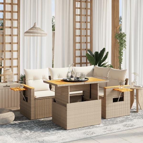 ARDEBO.de - 5-tlg. Garten-Sofagarnitur mit Kissen Beige Poly Rattan