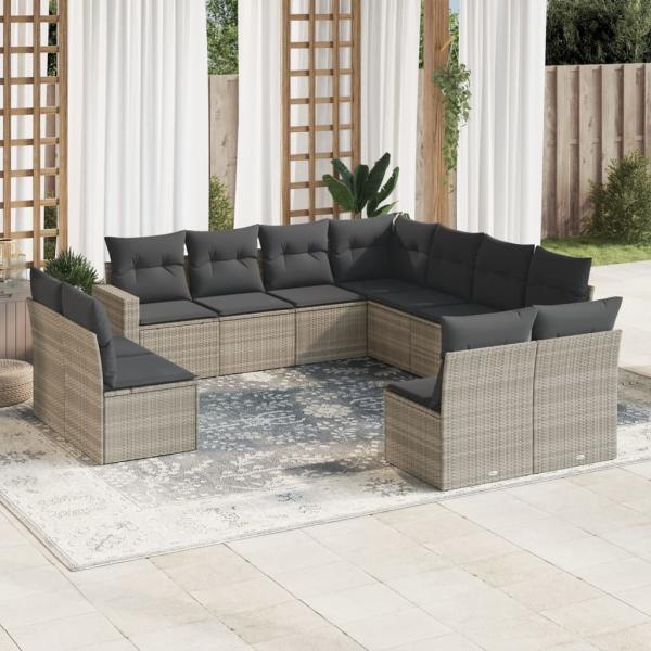 ARDEBO.de - 11-tlg. Garten-Sofagarnitur mit Kissen Hellgrau Poly Rattan