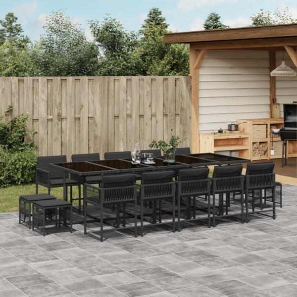 ARDEBO.de - 15-tlg. Garten-Essgruppe mit Kissen Schwarz Poly Rattan