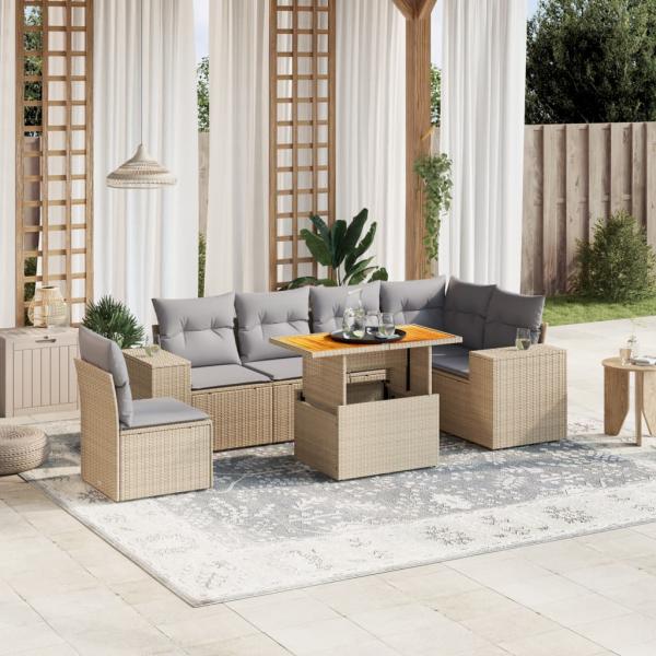 ARDEBO.de - 7-tlg. Garten-Sofagarnitur mit Kissen Beige Poly Rattan