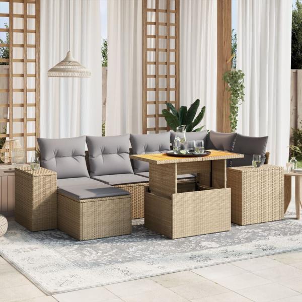 ARDEBO.de - 7-tlg. Garten-Sofagarnitur mit Kissen Beige Poly Rattan