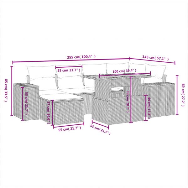 7-tlg. Garten-Sofagarnitur mit Kissen Beige Poly Rattan