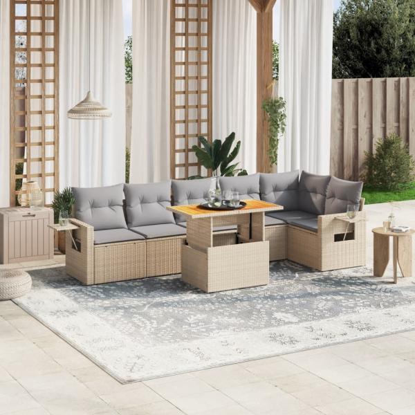 ARDEBO.de - 7-tlg. Garten-Sofagarnitur mit Kissen Beige Poly Rattan