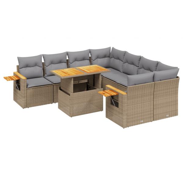 9-tlg. Garten-Sofagarnitur mit Kissen Beige Poly Rattan