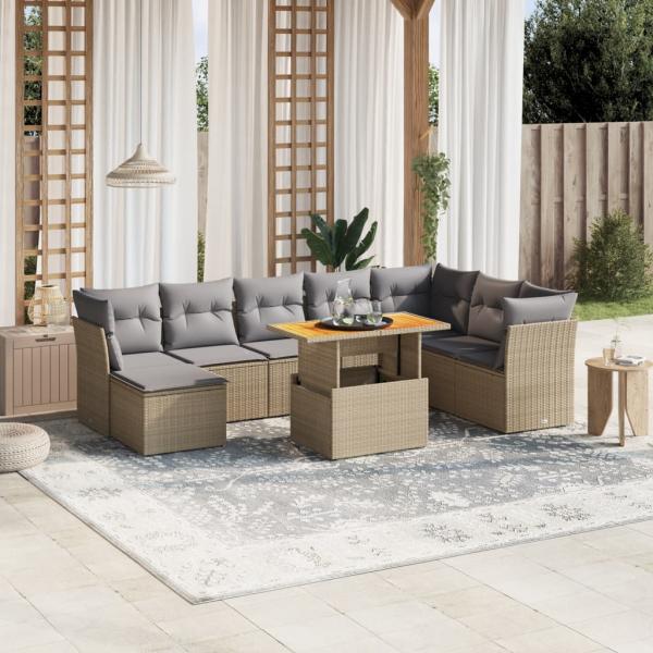 ARDEBO.de - 9-tlg. Garten-Sofagarnitur mit Kissen Beige Poly Rattan