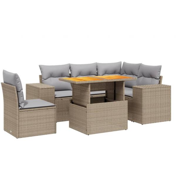 6-tlg. Garten-Sofagarnitur mit Kissen Beige Poly Rattan