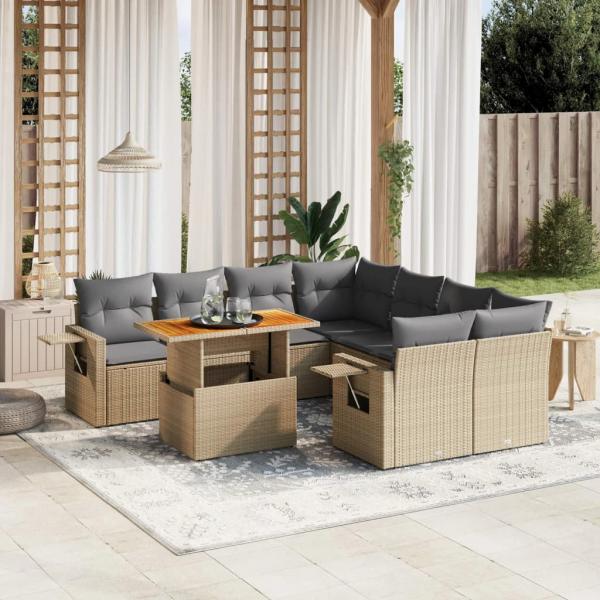 ARDEBO.de - 9-tlg. Garten-Sofagarnitur mit Kissen Beige Poly Rattan