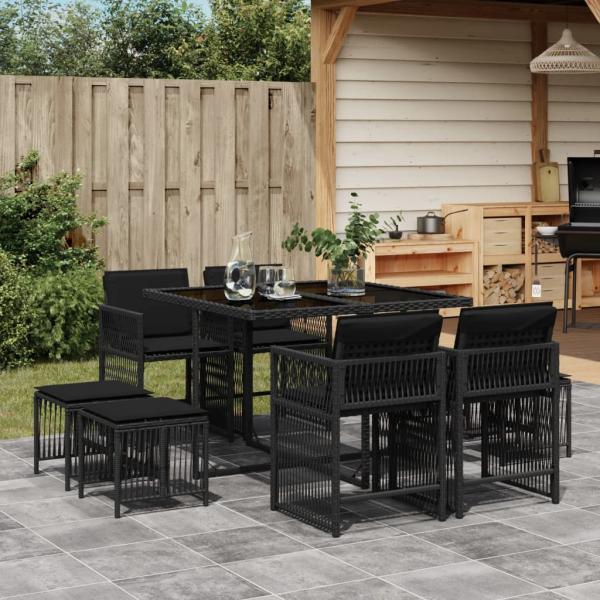 ARDEBO.de - 9-tlg. Garten-Essgruppe mit Kissen Schwarz Poly Rattan