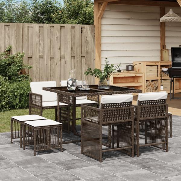 ARDEBO.de - 9-tlg. Garten-Essgruppe mit Kissen Braun Poly Rattan