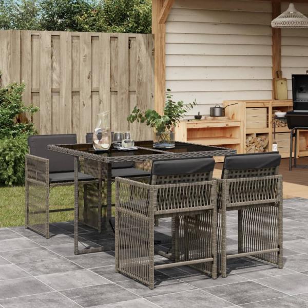 ARDEBO.de - 5-tlg. Garten-Essgruppe mit Kissen Grau Poly Rattan