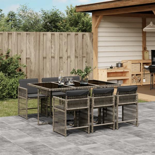 ARDEBO.de - 7-tlg. Garten-Essgruppe mit Kissen Grau Poly Rattan