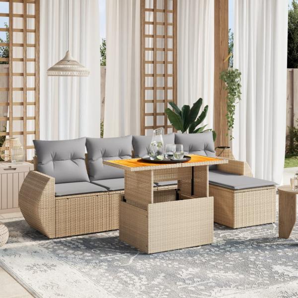 ARDEBO.de - 6-tlg. Garten-Sofagarnitur mit Kissen Beige Poly Rattan