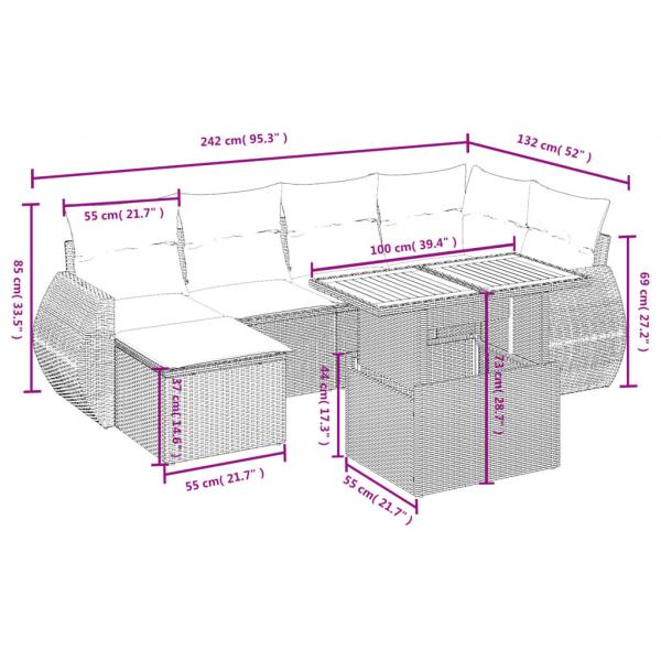 7-tlg. Garten-Sofagarnitur mit Kissen Beige Poly Rattan