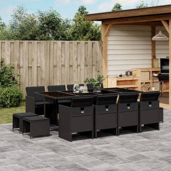 ARDEBO.de - 13-tlg. Garten-Essgruppe mit Kissen Schwarz Poly Rattan