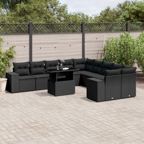 ARDEBO.de - 11-tlg. Garten-Sofagarnitur mit Kissen Schwarz Poly Rattan