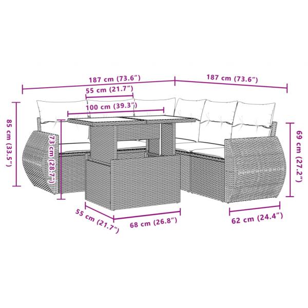 6-tlg. Garten-Sofagarnitur mit Kissen Grau Poly Rattan