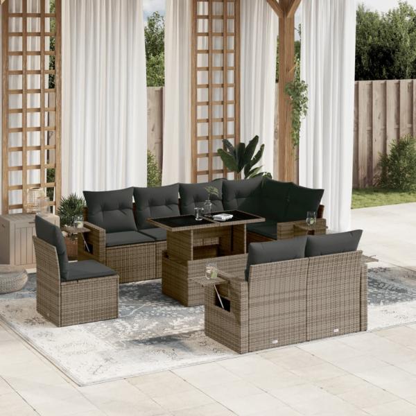 ARDEBO.de - 9-tlg. Garten-Sofagarnitur mit Kissen Grau Poly Rattan