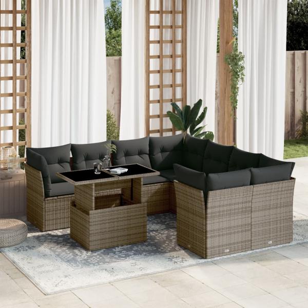 ARDEBO.de - 9-tlg. Garten-Sofagarnitur mit Kissen Grau Poly Rattan