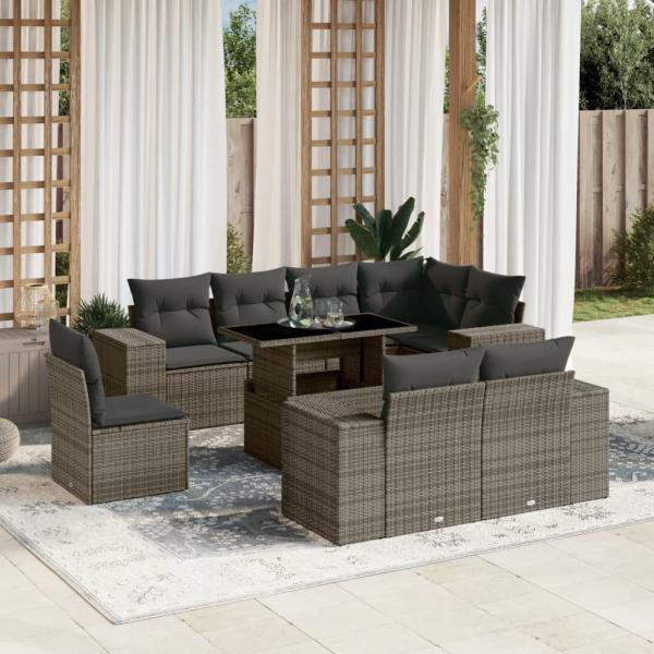 ARDEBO.de - 9-tlg. Garten-Sofagarnitur mit Kissen Grau Poly Rattan