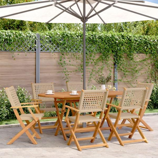 ARDEBO.de - 7-tlg. Garten-Essgruppe Poly Rattan und Massivholz Beige