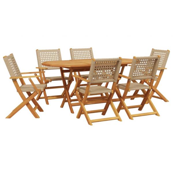 7-tlg. Garten-Essgruppe Poly Rattan und Massivholz Beige