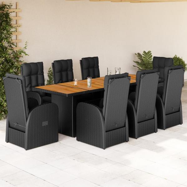 ARDEBO.de - 9-tlg. Garten-Essgruppe mit Kissen Schwarz Poly Rattan