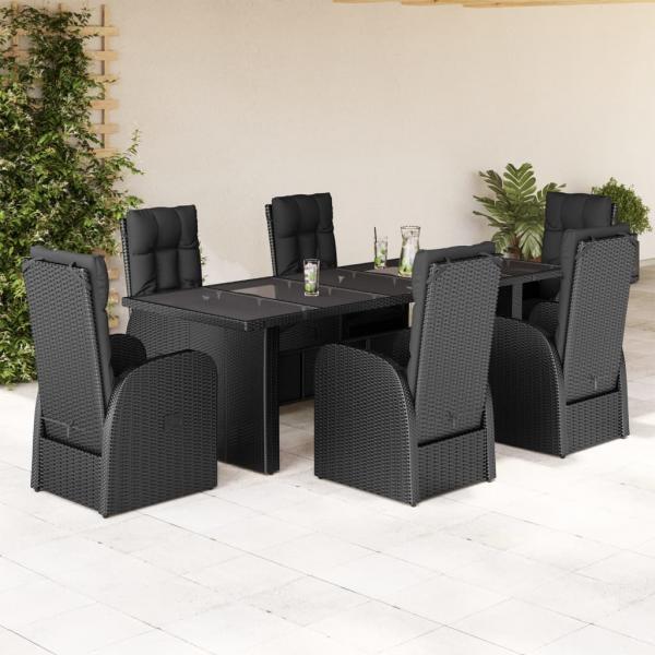 ARDEBO.de - 7-tlg. Garten-Essgruppe mit Kissen Schwarz Poly Rattan