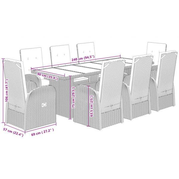 9-tlg. Garten-Essgruppe mit Kissen Grau Poly Rattan