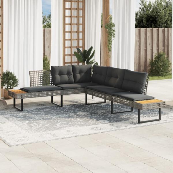 ARDEBO.de - Gartensofa in L-Form mit Kissen Grau Poly Rattan und Akazie