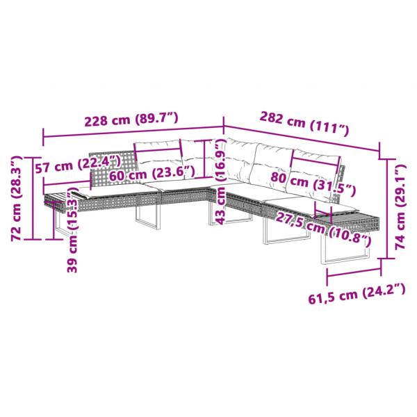 Gartensofa in L-Form mit Kissen Grau Poly Rattan und Akazie