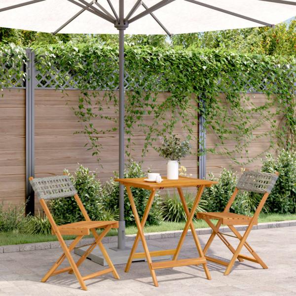 ARDEBO.de - 3-tlg. Bistro-Set Grau Poly Rattan und Massivholz