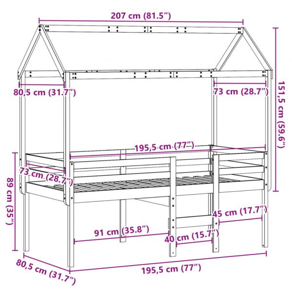 Hochbett mit Dach Wachsbraun 75x190 cm Massivholz Kiefer