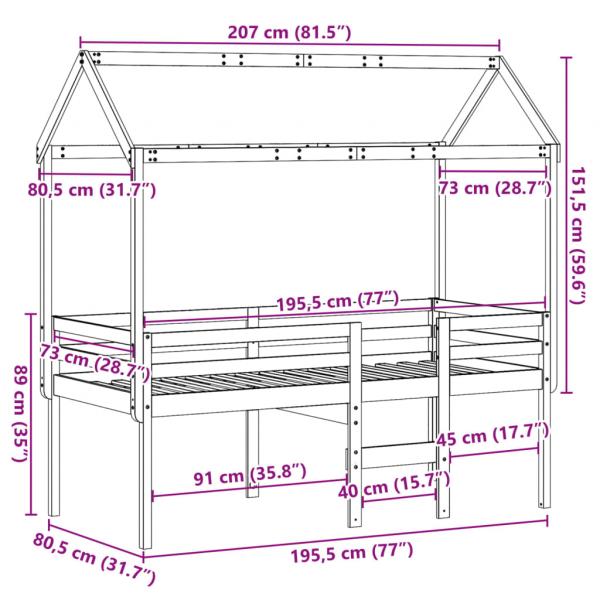 Hochbett mit Dach 75x190 cm Massivholz Kiefer