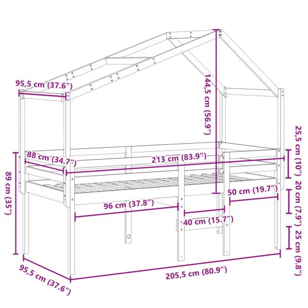 Hochbett mit Dach 90x200 cm Massivholz Kiefer