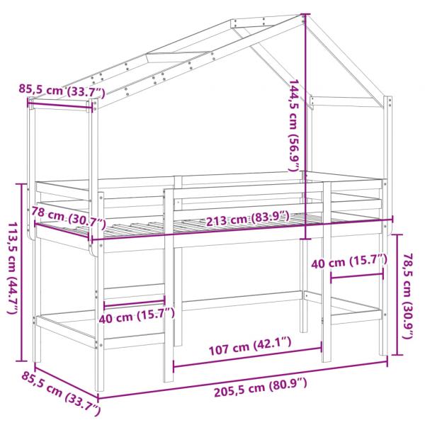 Hochbett mit Leiter und Dach Weiß 80x200 cm Massivholz Kiefer