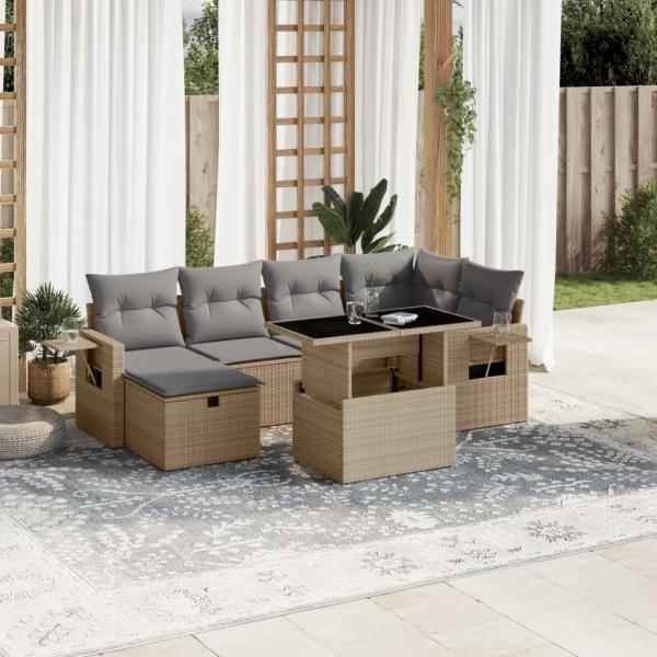 ARDEBO.de - 7-tlg. Garten-Sofagarnitur mit Kissen Beige Poly Rattan