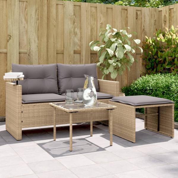 ARDEBO.de - 3-tlg. Garten-Sofagarnitur mit Kissen Beige Poly Rattan