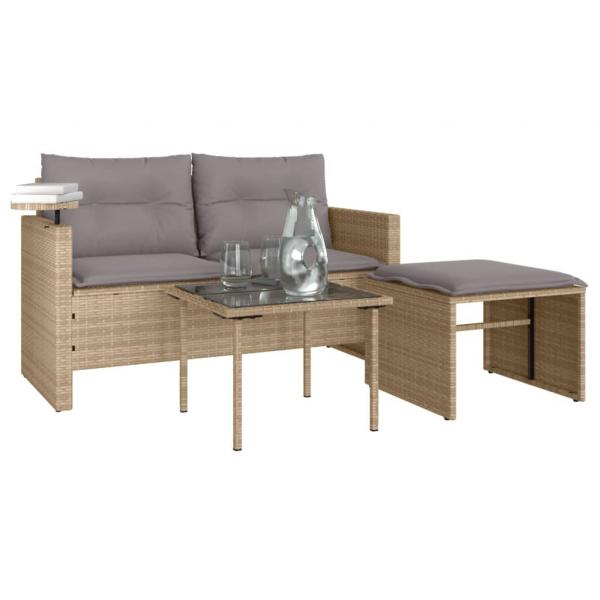 3-tlg. Garten-Sofagarnitur mit Kissen Beige Poly Rattan