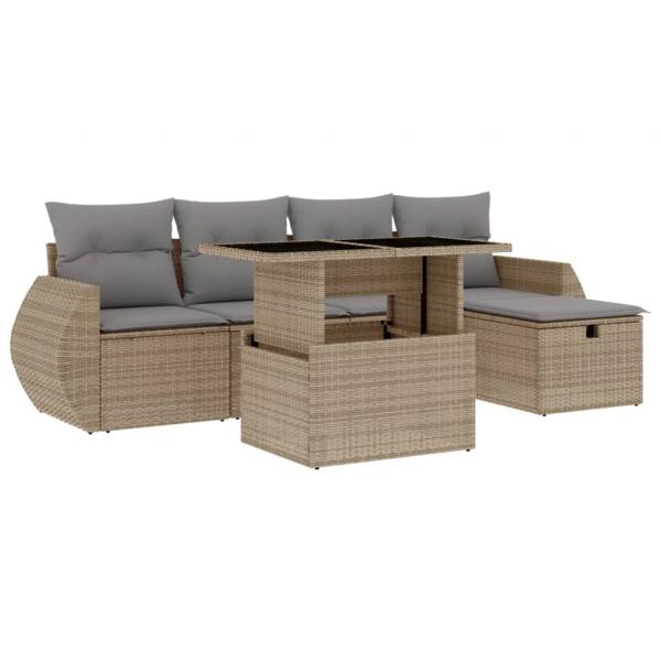 6-tlg. Garten-Sofagarnitur mit Kissen Beige Poly Rattan